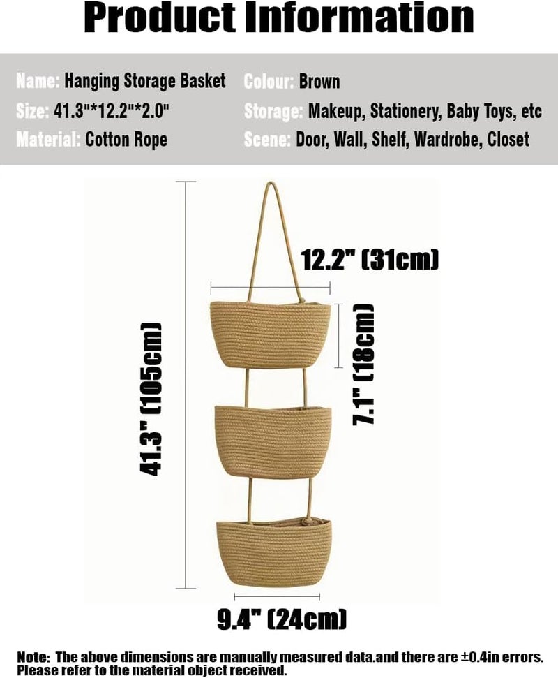 AARainbow Wall Hanging Cotton Baskets - Large 3 Tier Decorative Baskets for Wall, Nursery, Bathroom (B-Brown) - Image 3